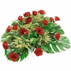 Red pink bouquet, yellow solidago, green philodendron leaves, funeral bouquet