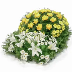 Funeral wreath, wreath of yellow roses, yellow chrysanthemum, white lilies