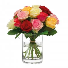 Round bouquet of mixed coloured Roses (at least 4 different colours) with some green filler - Russia