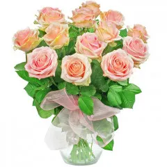 Pastel composition, 15 pink roses in a vase, a bouquet of roses in pastel colour