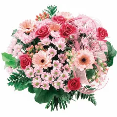Variety of bouquets with mini pink gerberas, red roses, hipericums, Flowers only you
