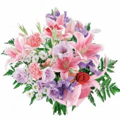 Name day bouquet, bouquet of white lilies, white carnations, red roses, purple irises with delivery.