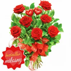 Flowers two hearts, composition of red roses, walnut leaves, red hearts on sticks, romantic flowers