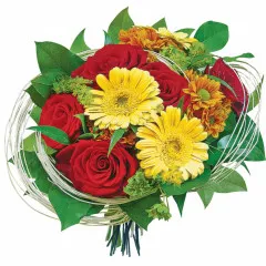 Flowers I love you, red roses, margaretes, griffithii, rattan and yellow gerberas with decorative greenery