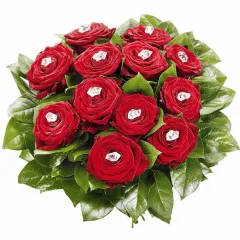Flowers brilliance shine, 12 red roses with crystals and decorative greenery
