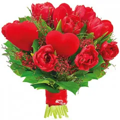 A bouquet of 9 tulips, hearts on the peak, greenery wrapped in a ribbon, a bouquet of bold gestures, a romantic composition for her