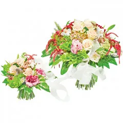 bukiet dla mamy i maleństwa, bukiet mały i duży z róż, eustomy, molucelli i zieleni dekoracyjnej połączone białą wstążką