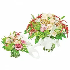 Bouquet for mum and baby, small and big  bouquet of roses and eustoma with  white ribbon