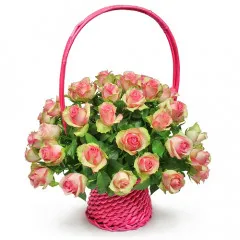 Kompozycja Finezja, 30 róż różowych w koszu, kompozycja różowych kwiatów w koszyku