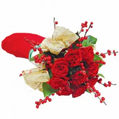 Christmas bouquet, 9 red roses and ilex, christmas sock, Santa Claus