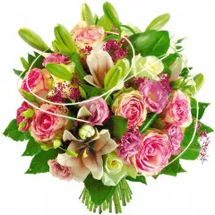 Bouquet All the best, bouquet of pink flowers, lilies and eustoma with accessories