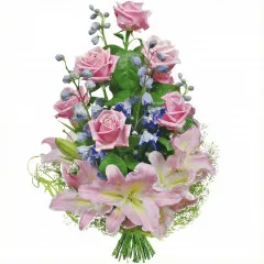 Pink bouquet with delivery, pink roses and lilies in bouquet, pink and purple flowers