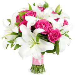 Wedding bouquet, white lilies, pink roses, bouquet wrapped in a pink ribbon