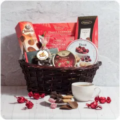 Gourmet basket, cherry chocolates, caramel chips, cranberry cakes, chocolate covered cranberries