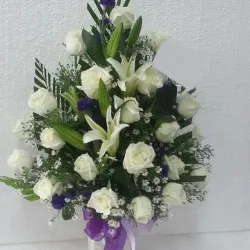 Funeral spray/arrangement with ribbon