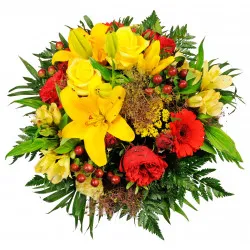Round MCF of seasonal flowers in yellow/red shades only (roses, lilies, gerberas, alstromeria etc..)