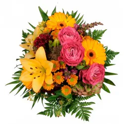 Round seasonal mixed bouquet in pink/orange with roses, lilies, gerbera, etc..