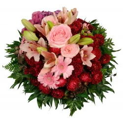 Mixed bouquet of PINK roses/lilies/gerberas + other RED seas flowers, all in Pink/red only