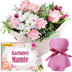 Bukiet pastelowy z misiem i bombonierką na Dzień Matki