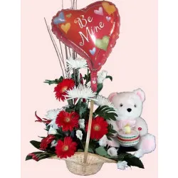 Basket arr with balloon and teddy bear
