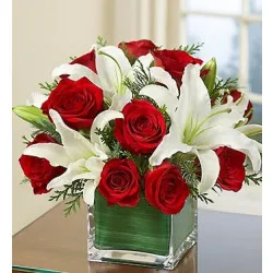 Arrangement of Red Roses and White Liliums