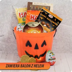 Halloweenowe wiaderko słodyczy z balonem