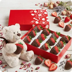 "Strawberries in Dark and White Chocolate with Cocoa Topping + Plush Teddy Bear
