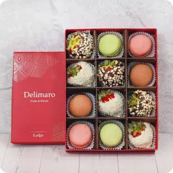 Strawberries in White and Milk Chocolate with Coconut and Nut Topping and Macaroons