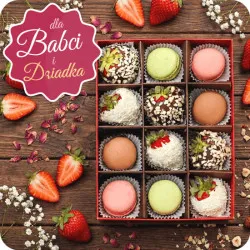 Strawberries in White and Milk Chocolate with Coconut and Nut Topping and Macaroons