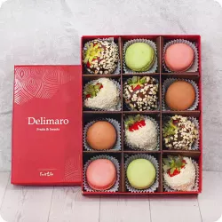 Strawberries in White and Milk Chocolate with Coconut and Nut Topping and Macaroons