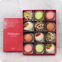Strawberries in White and Milk Chocolate with Coconut and Nut Topping and Macaroons