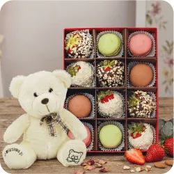 Strawberries in White and Milk Chocolate with Coconut and Nut Topping and Macaroons + Plush Teddy Bear