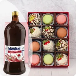 Truskawki W Białej I Mlecznej Czekoladzie W Posypce Kokosowej I Orzechowej Z Makaronikami + Biovital