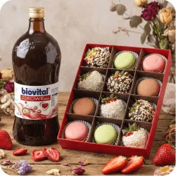 Strawberries in White and Milk Chocolate with Coconut and Nut Topping and Macaroons + Biovital