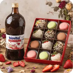 Strawberries in White and Milk Chocolate with Coconut and Nut Topping and Macaroons + Biovital