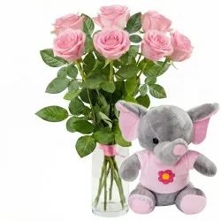 7 różowych róż z różowym słonikiem