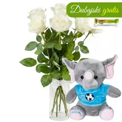 7 białych róż z niebieskim słonikiem