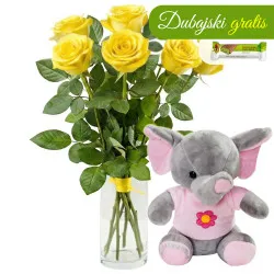 7 żółtych róż z różowym słonikiem