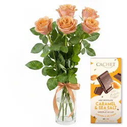 5 tea roses with chocolate