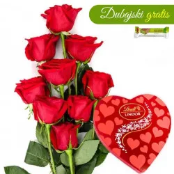 9 red roses with Lindt pralines in a heart-shaped box