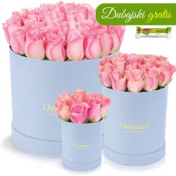 Różowe róże w błękitnym pudełku