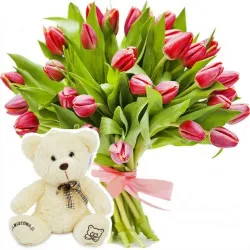 21 czerwonych tulipanów z misiem