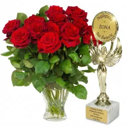 12 red roses + best wife statuette