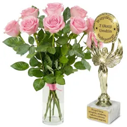 9 pink roses + birthday statuette