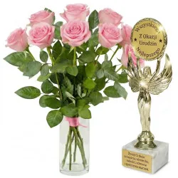 9 pink roses + birthday statuette