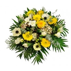Mixed round Spring bouquet in deep yellow and white seas flowers, green