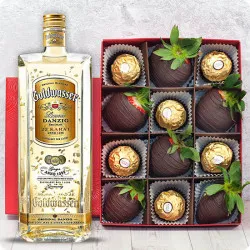 Dark And Gold Strawberries in Dark Chocolate with Ferrero Rocher + Goldwasser Liqueur