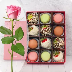 Strawberries in chocolate with macaroons and pink rose