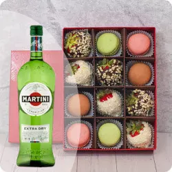 Strawberries in White and Milk Chocolate with Coconut and Nut Topping and Macaroons + Martini