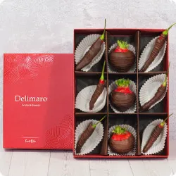 Strawberries and chilli peppers in chocolate